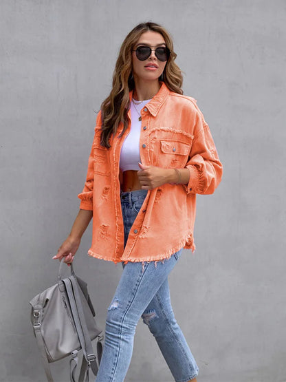 Holes Raw-edges Denim Jacket Spring Autumn Shirt Style Jeancoat Top Rose-red Orange Purple Outerwear Lady Coat