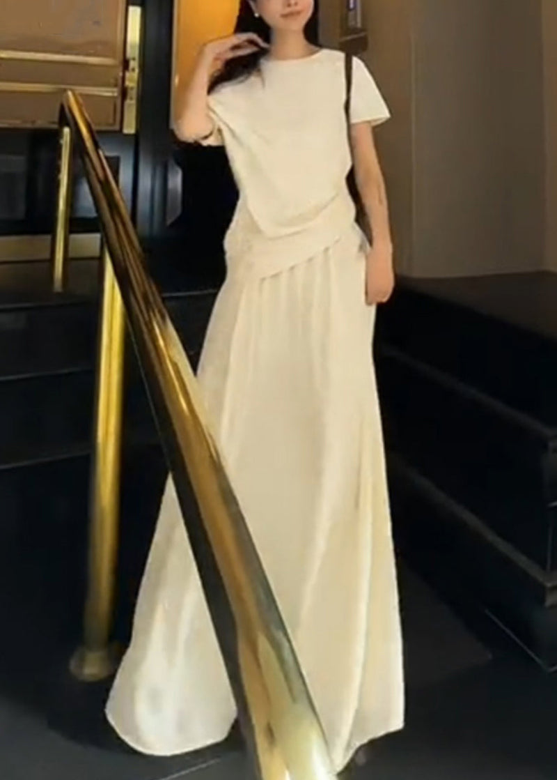 New White O Neck Tops and Skirts Cotton Two-piece Set Summer Ee049