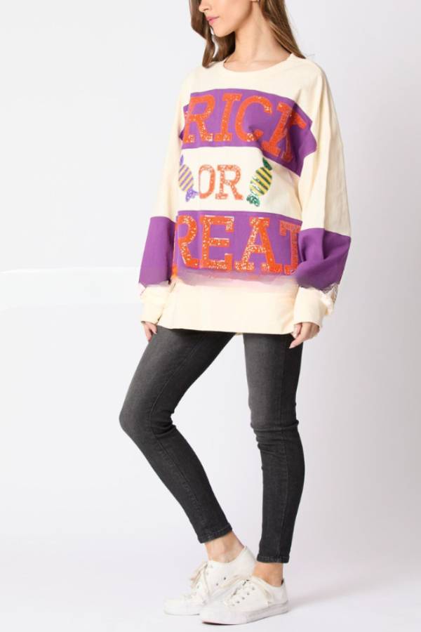 Halloween Letter Sequined Colorblock Sweatshirt Top