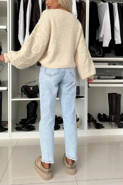 Mood Knit Contrast Color Sewing Line Pattern Loose Sweater