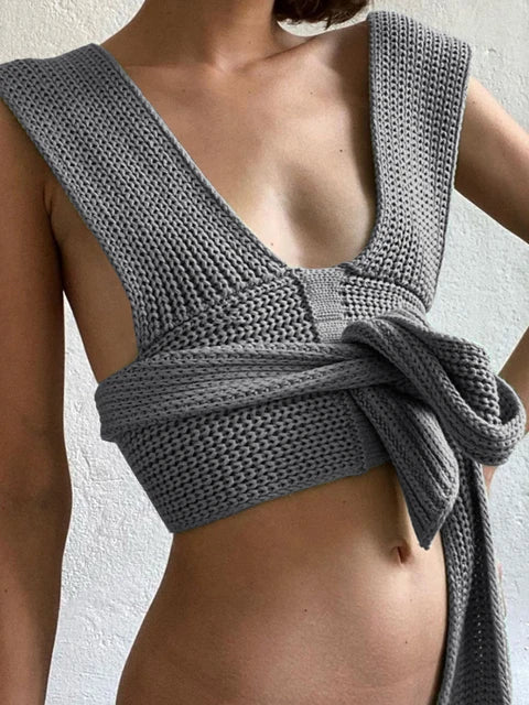 New Diy Style Knitted Tank Top Sweater Female High Waist Camisole Backless Bandage Tops