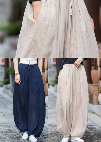 Linen Pockets Cotton Pants Elastic Waist Cinched Summer Qk014