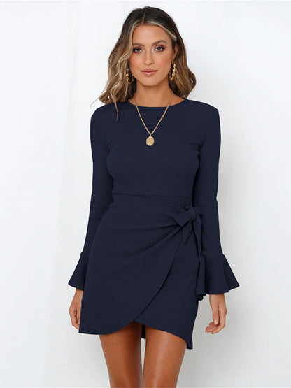 Simple Long Sleeves Skinny Tied Falbala Color Round-neck Mini Dresses