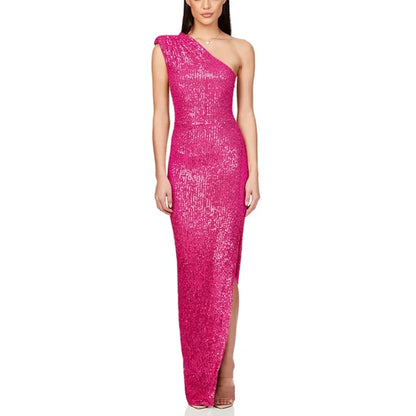 One Shoulder High Waist Slit Evening Dress Sequin Sleeveless Party Dresses New Slim Long Dresses for