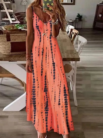 Printed Maxi Spaghetti Strap Dresses for V-neck Backless A-line Long Dress Style Beach Vestidos