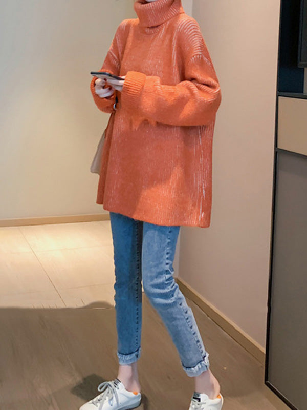 Design Loose Blue Contrast Color High-neck Long Sleeve Sweater An1054