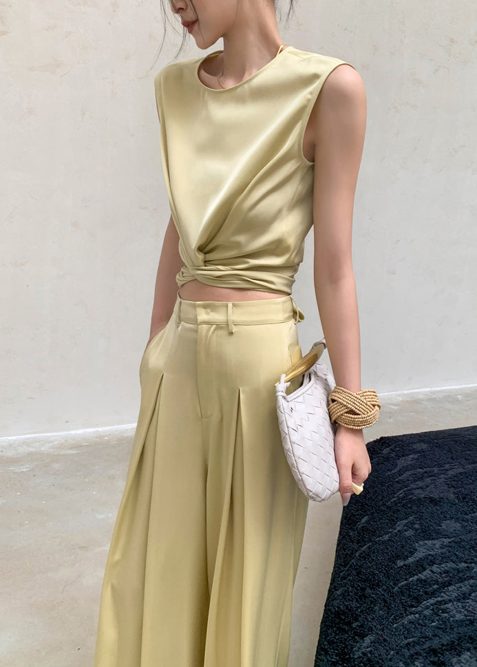 French Yellow O-neck Silk Top and Wide Leg Pants Two Pieces Set Sleeveless An1027