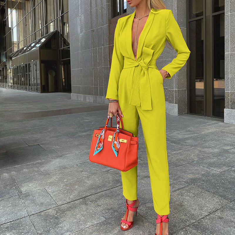 Color Lace-up Deep V Plunge Plunge Jumpsuit