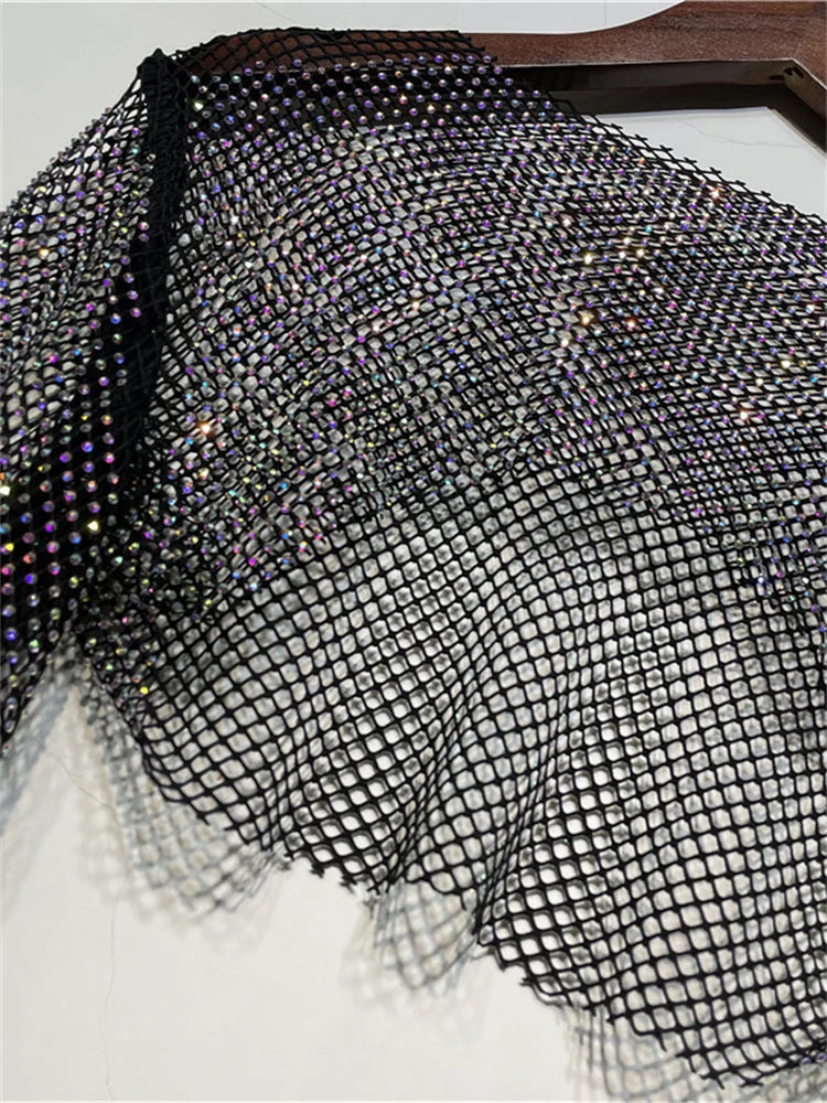 Sparkly Crystal Crop Tops for Fishnet Hollow Out See Through Cropped Coat Evening Night Club Top Party Wear