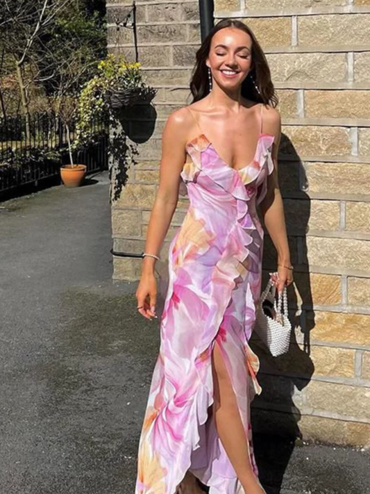 Print Ruffle Frill Maxi Dress