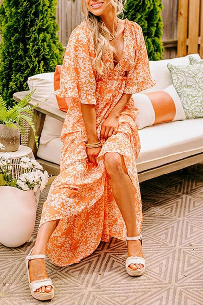 Orange Print Smocked V Neck Bell Sleeve Maxi Dress