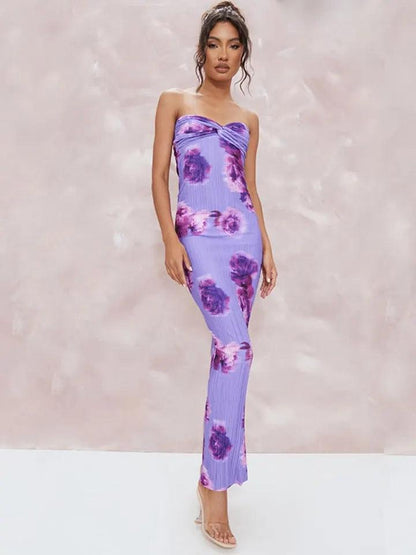 Printed Pleated Bandeau Tube Maxi Dress