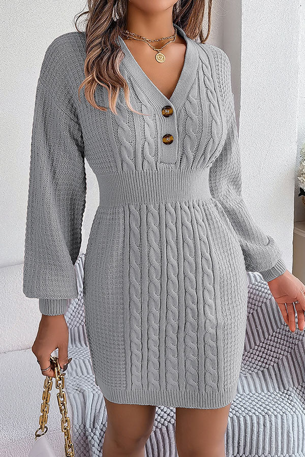 Buttoned V-neck Twist Lantern Sleeves Hip-hugging Sweater Dress