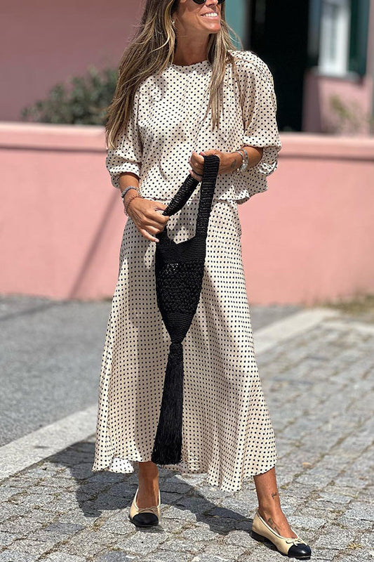 Polka Dot Cropped Sleeve Top and Skirt Two-piece Set