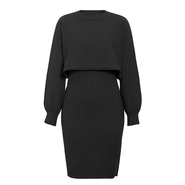 Knitted Dress Two Piece Set Autumn Winter Color Pullover Sweater