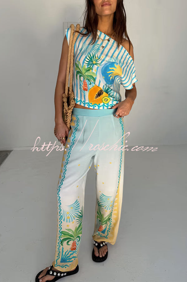 See You in Rio Tropical Fruits Print High Rise Elastic Waist Wide Leg Pants