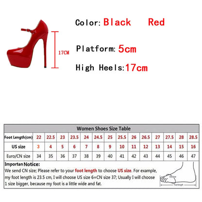 Red High Heels Platform Pumps 17cm Runway Patent Leather Round Toe Buckle Strap Party Wedding Stripper Shoes