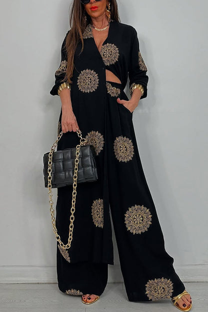 Unique Printed V-neck Long Sleeve Long Shirt and Elastic Waist Pocket Wide Leg Pants Set
