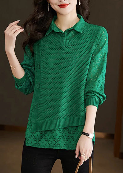 Style Green Peter Pan Collar Fake Two Pieces Lace Patchwork Knit Sweater Fall Wd026