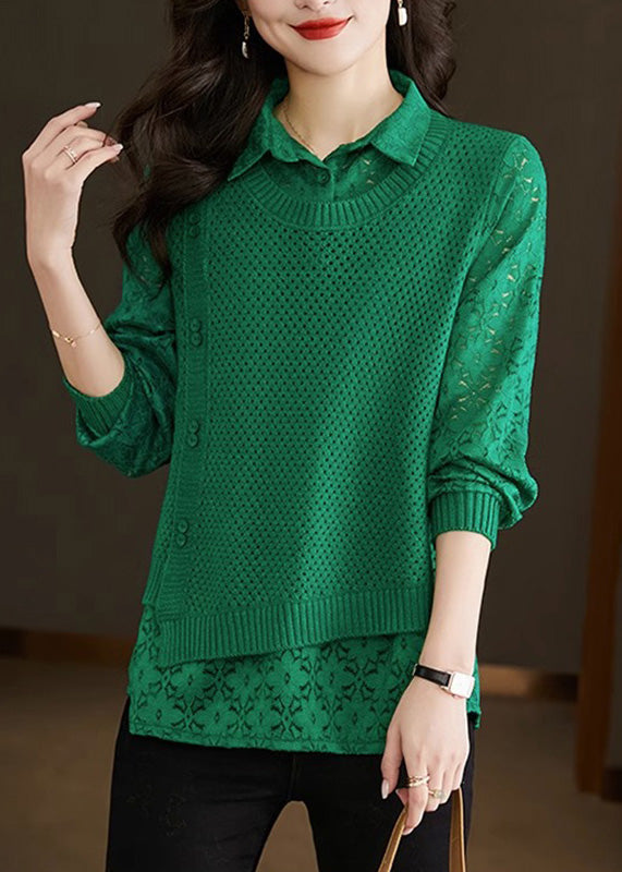 Style Green Peter Pan Collar Fake Two Pieces Lace Patchwork Knit Sweater Fall Wd026