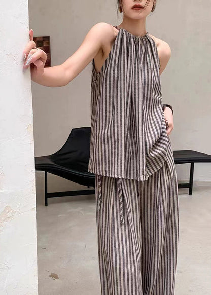 French Coffee Striped Top Wide Leg Pants Two Piece Set Summer Ee055
