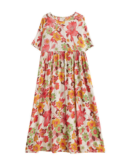 Loose Short Sleeves Pleated Printed Split-joint Round-neck Midi Dresses