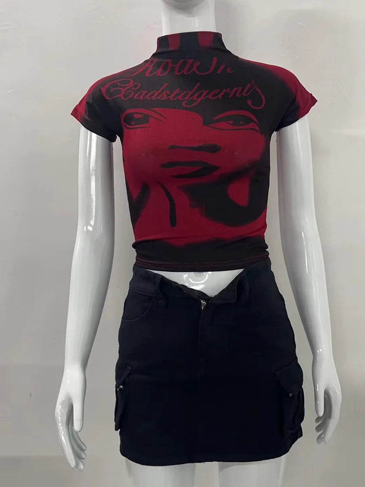 Aesthetic Short Sleeve T-shirt Summer Y2k Clothes Gothic Girl Crop Tops Print Baby Tee