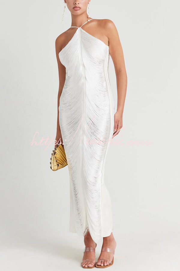 Allnight Metallic Halterneck Backless Fringed Slit Maxi Dress