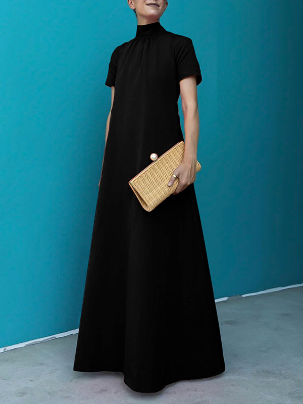 Loose Short Sleeves Color High-neck Maxi Dresses