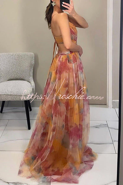 Giselle Tulle Render Print Cutout Waist Back Lace-up Maxi Dress