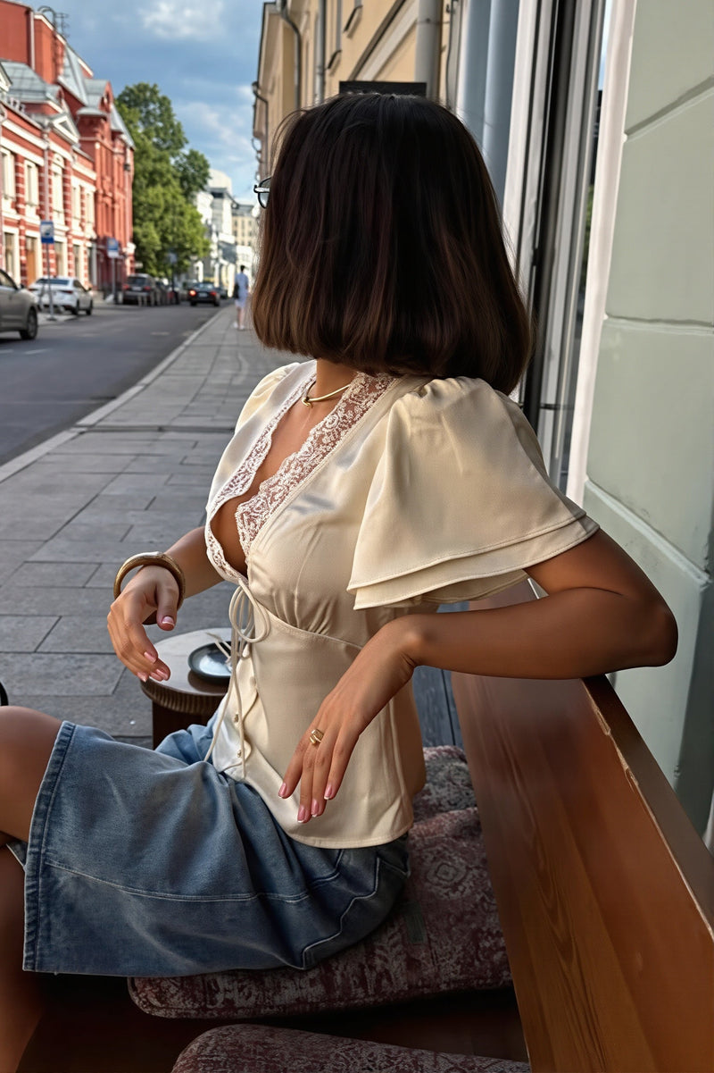 Lace Satin Splice Tie Blouse