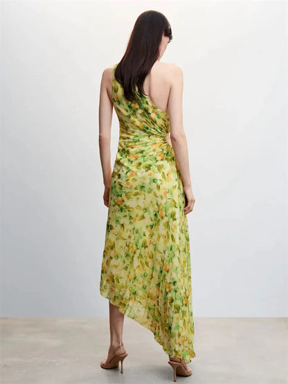 Female Dress Gown Pleated One-shoulder Sleeveless Summer Party Dress Slim for Maxi Dress