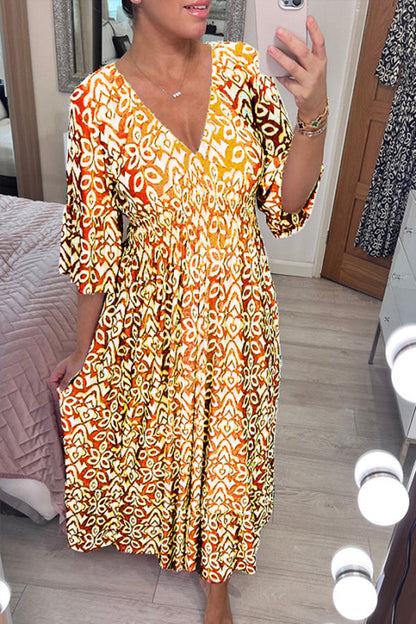 Print V-neck Waist Wrap Long Dress