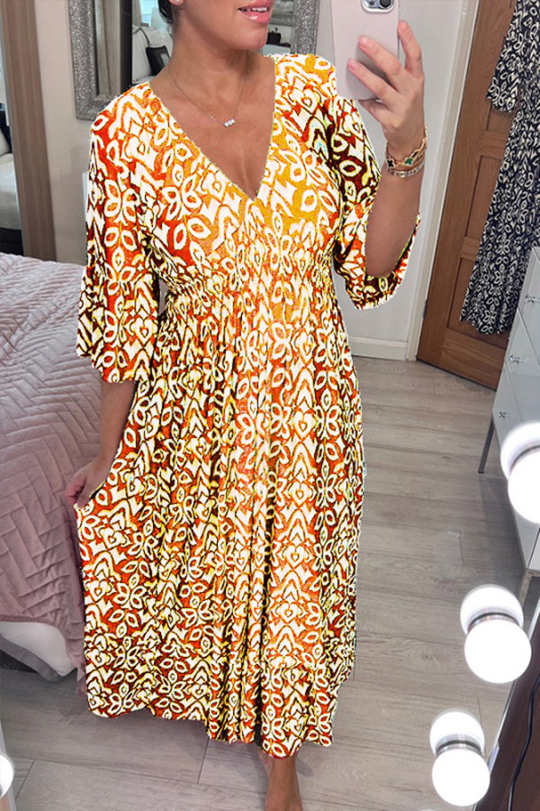 Print V-neck Waist Wrap Long Dress