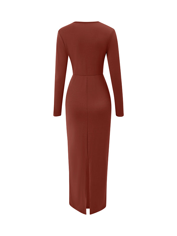 Bodycon Long Sleeves Bowknot Color V-neck Maxi Dresses