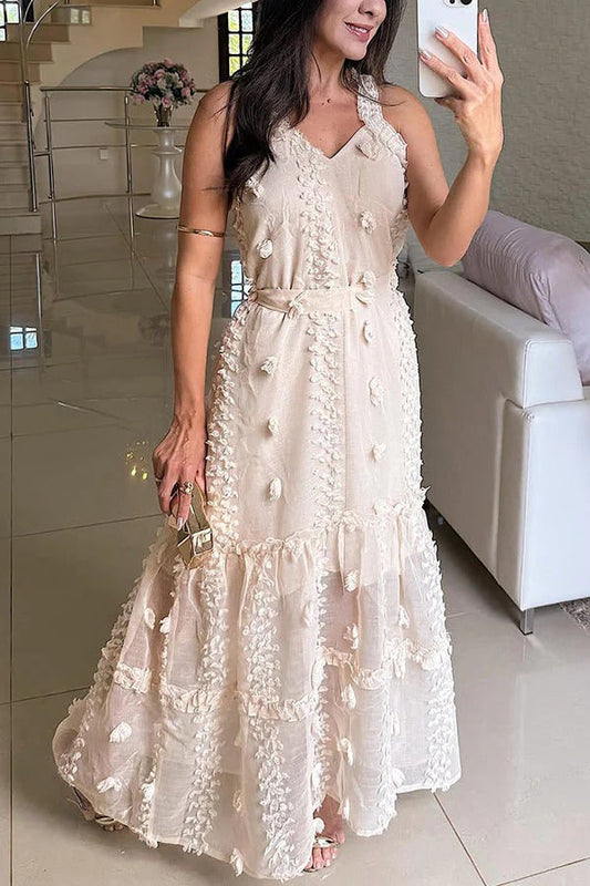 Radiant Day Tulle 3d Embroidery Tie-up A-line Maxi Dress