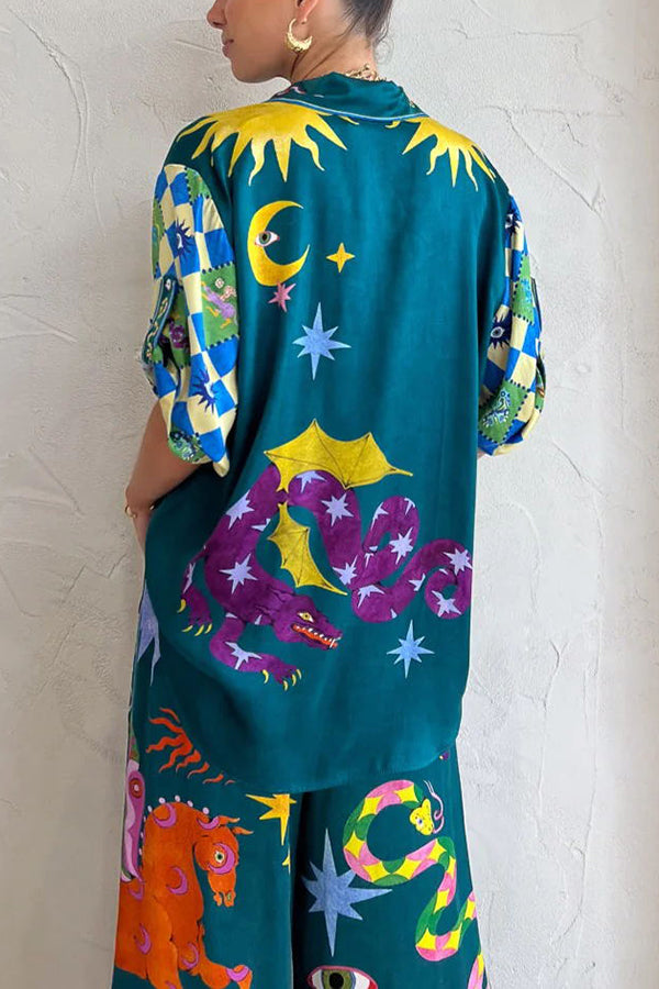Beachy Linen Blend Unique Print Button Down Oversized Blouse