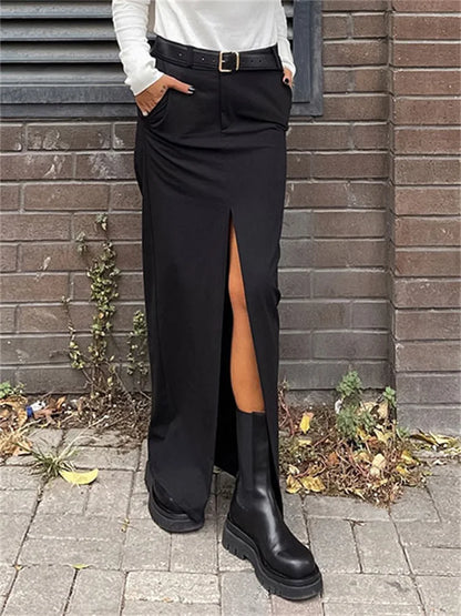 Black Long Skirt for High Waist Slim Bodycon Skirts Split Out Basic Straight Maxi Skirt