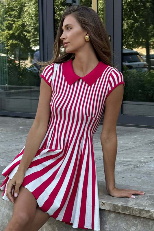 Color Block Striped Collared Knit a Line Mini Dress