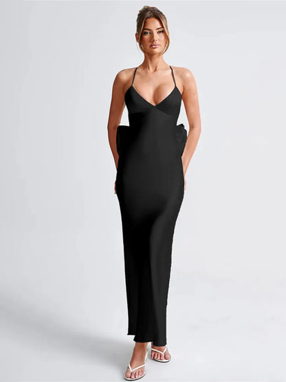 Bow Backless Maxi Dress for Satin Spaghetti Strap V Neck Sleeveless Club Party Long Dress