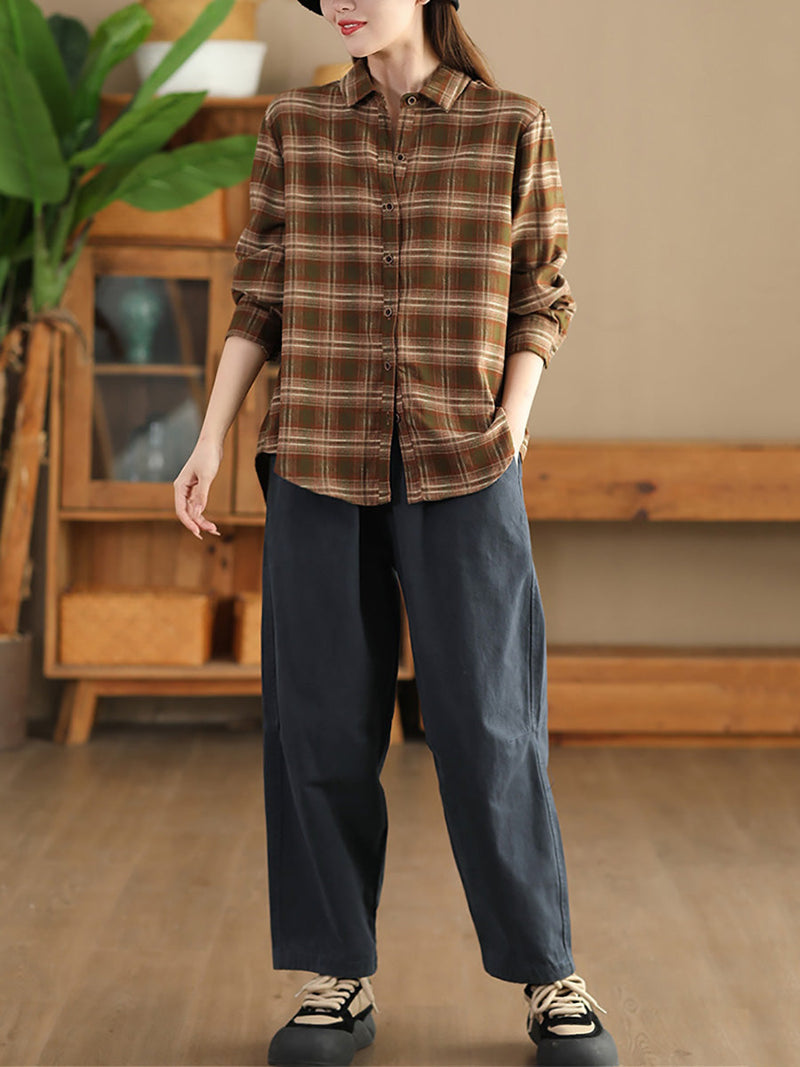 Autumn Plaid Button-up Cotton Blouse Ai1031