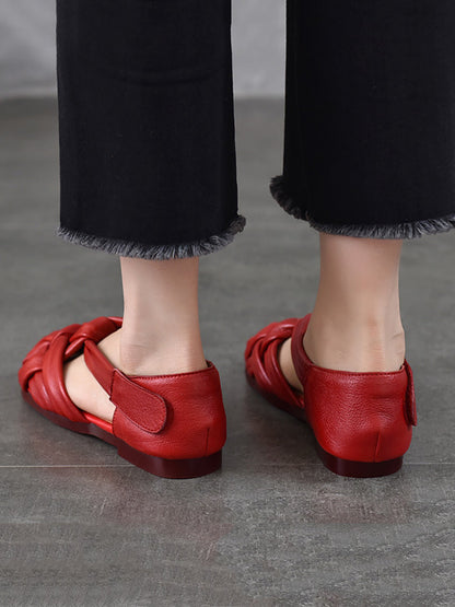 Summer Leather Flat Retro Weave Genuine Shoes