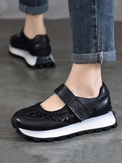 Summer Leather Spliced Mesh Sequin Platform Shoes Xx1022