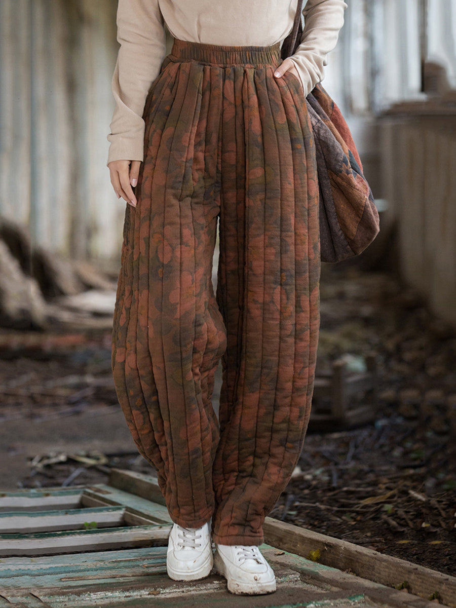 Winter Retro Flower Spliced Padded Cotton Harem Pants Wu014