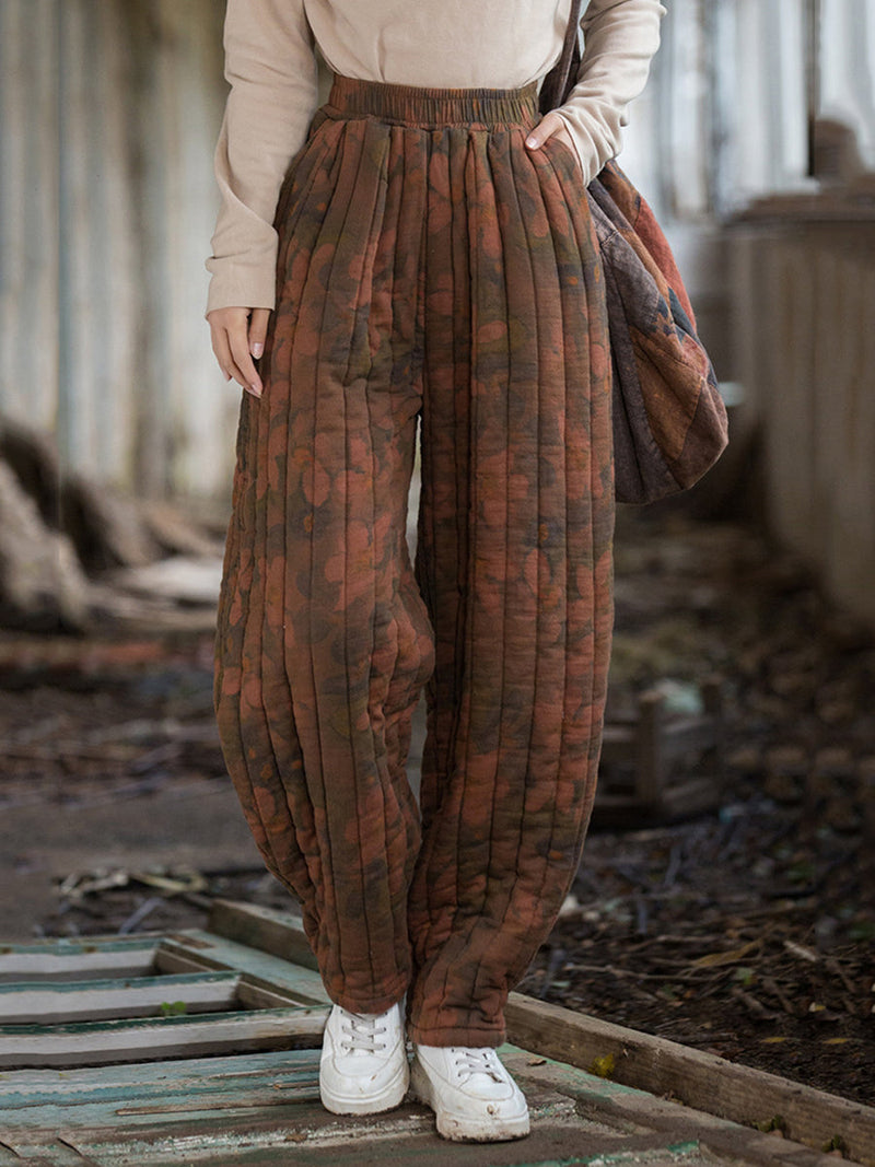 Winter Retro Flower Spliced Padded Cotton Harem Pants Wu014