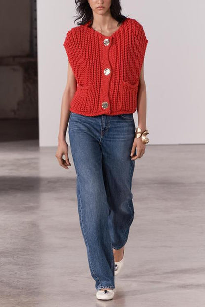 Gold Buttons Pocketed Chunky Sweater Vest