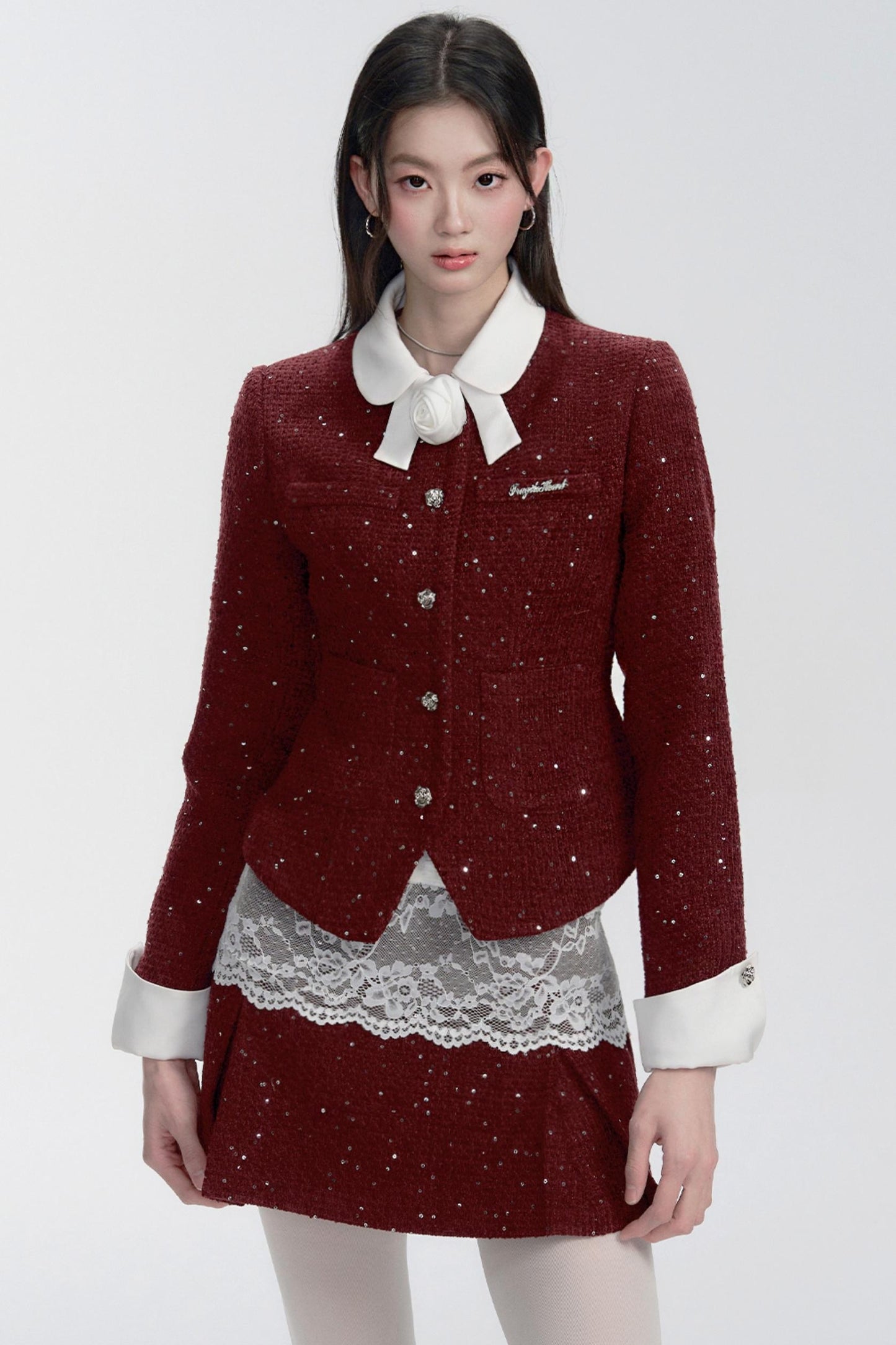 Lace-trimmed Velvet Blouse and Skirt Set-up