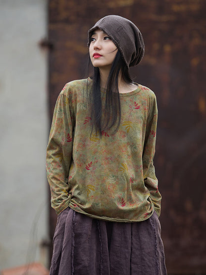 Autumn O-neck Flower Cotton Blouse At1008