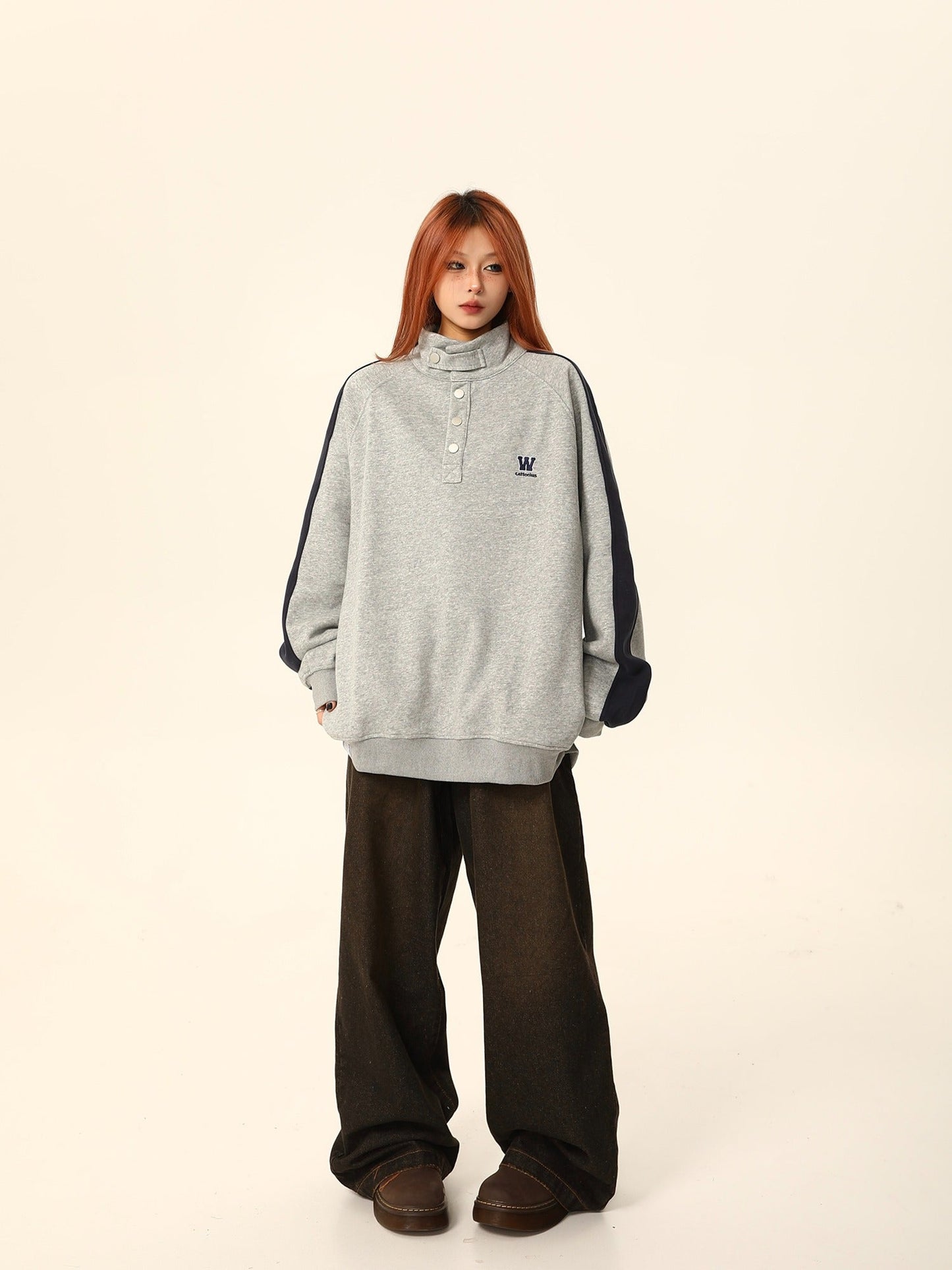 W California High-neck Button Sweatshirt Coat