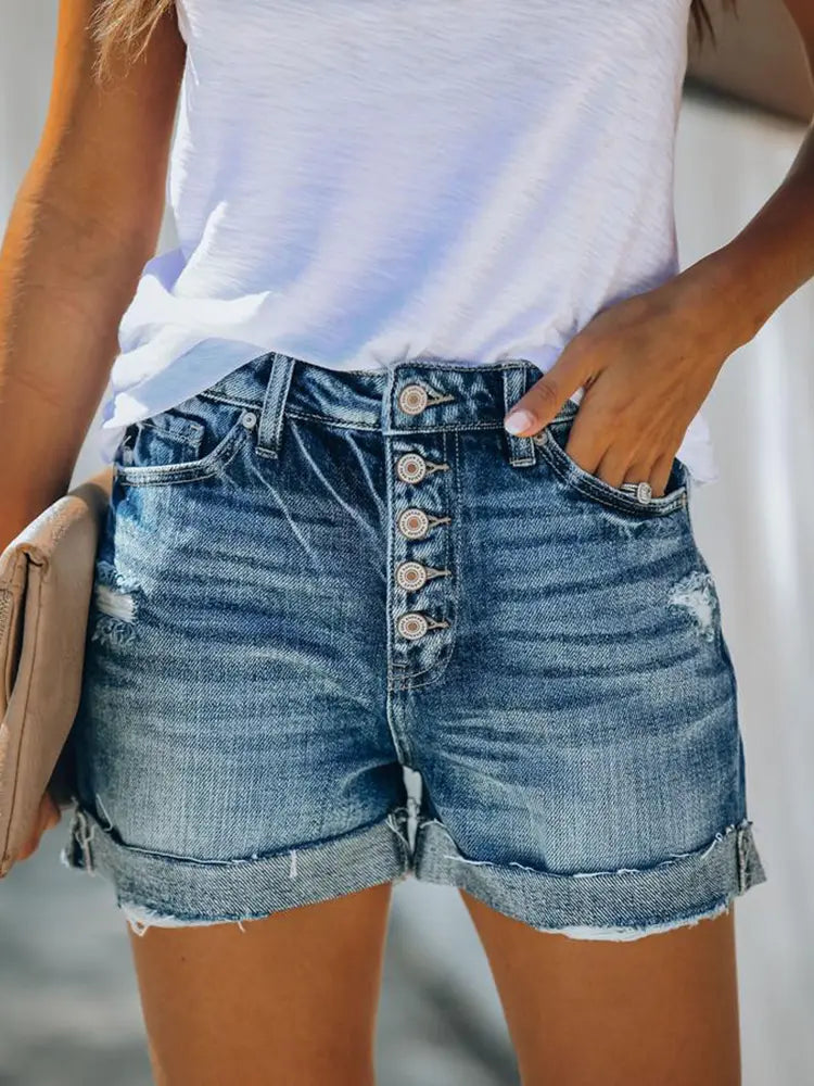 Versatile High-waist Ripped Denim Shorts